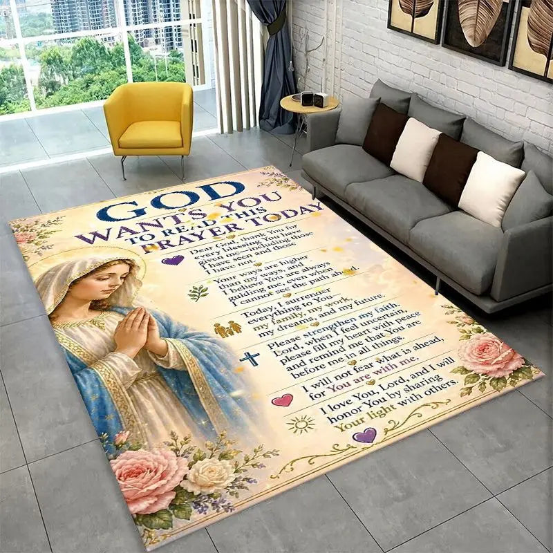 Large Area Rug with Virgin Mary Prayer Non-slip Durable Floor Carpet for Living Room or Bedroom