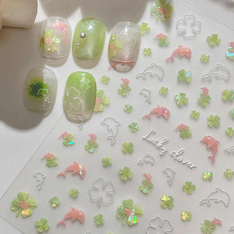 Summer Nail Stickers Set - Pink Dolphin Ocean Pattern Self-Adhesive Nail Art Decor