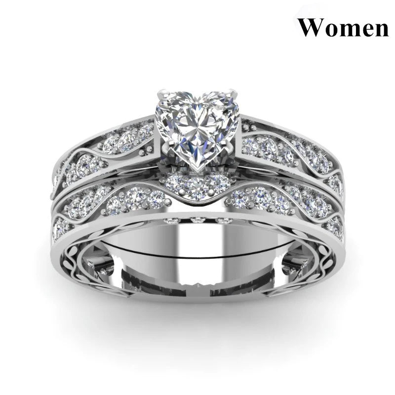 Fashion Couple Rings Set Men's CZ Stainless Steel & Women's Heart Cut Crystal Engagement Jewelry