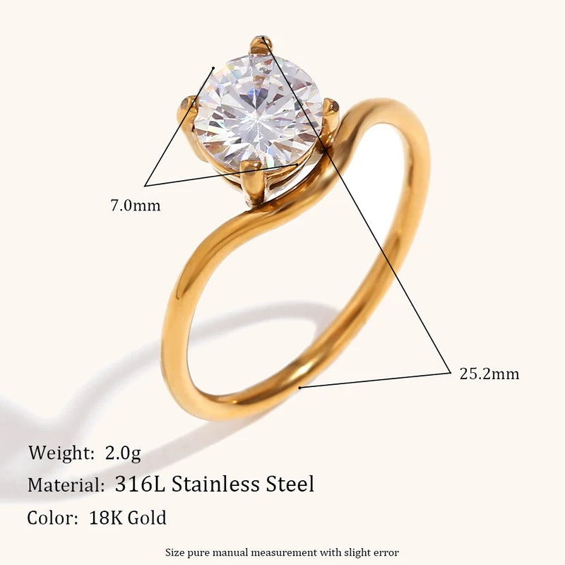 Luxury Water Drop Shaped Cubic Zirconia Women's Ring - 18K Gold Plated Stainless Steel Waterproof Jewelry Gift