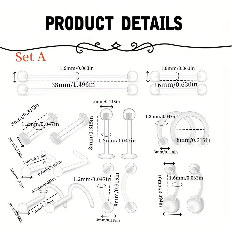 Assorted Body Piercing Jewelry Set - Acrylic Nipple, Eyebrow, Lip, Nose Rings