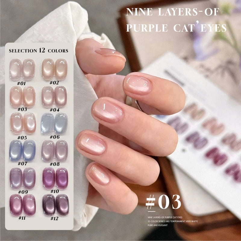 16Pcs Nail Art Gel Set - Fruit Series Moonlight Nude Pink Blue Purple Clear Glass Beads & Cat Eye Effects