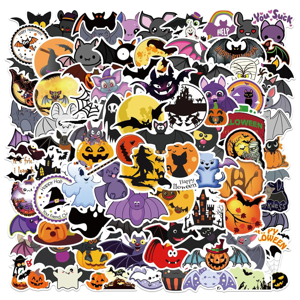 Halloween Bat Stickers Pack for Walls, Laptops & Streetwear - Purple, Red, White, Yellow