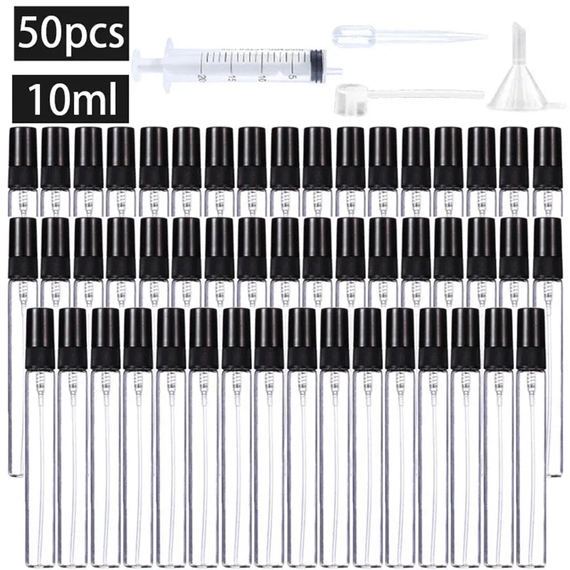 50 Pcs Refillable Glass Spray Bottles with Dropper Funnel Dispenser Syringe Set
