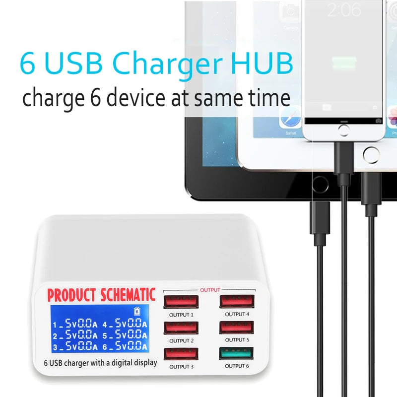 6-Port USB Fast Charger with LCD Display - Smart Phone & Tablet Desktop Power Adapter