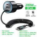 200W Car Charger Fast Charging PD 100W USB-C Power Adapter with Spring Cable