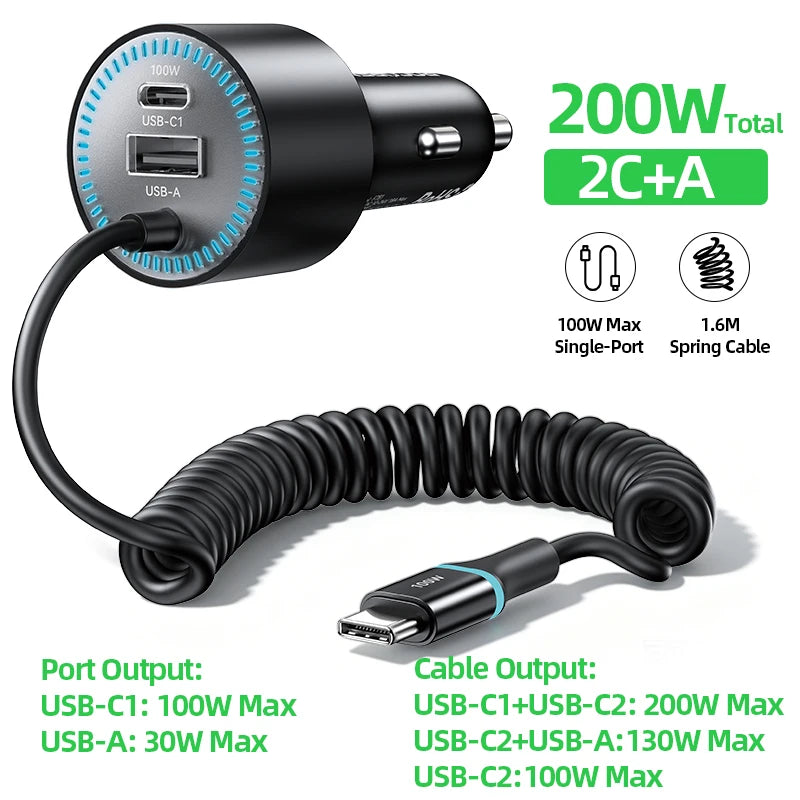 200W Car Charger Fast Charging PD 100W USB-C Power Adapter with Spring Cable