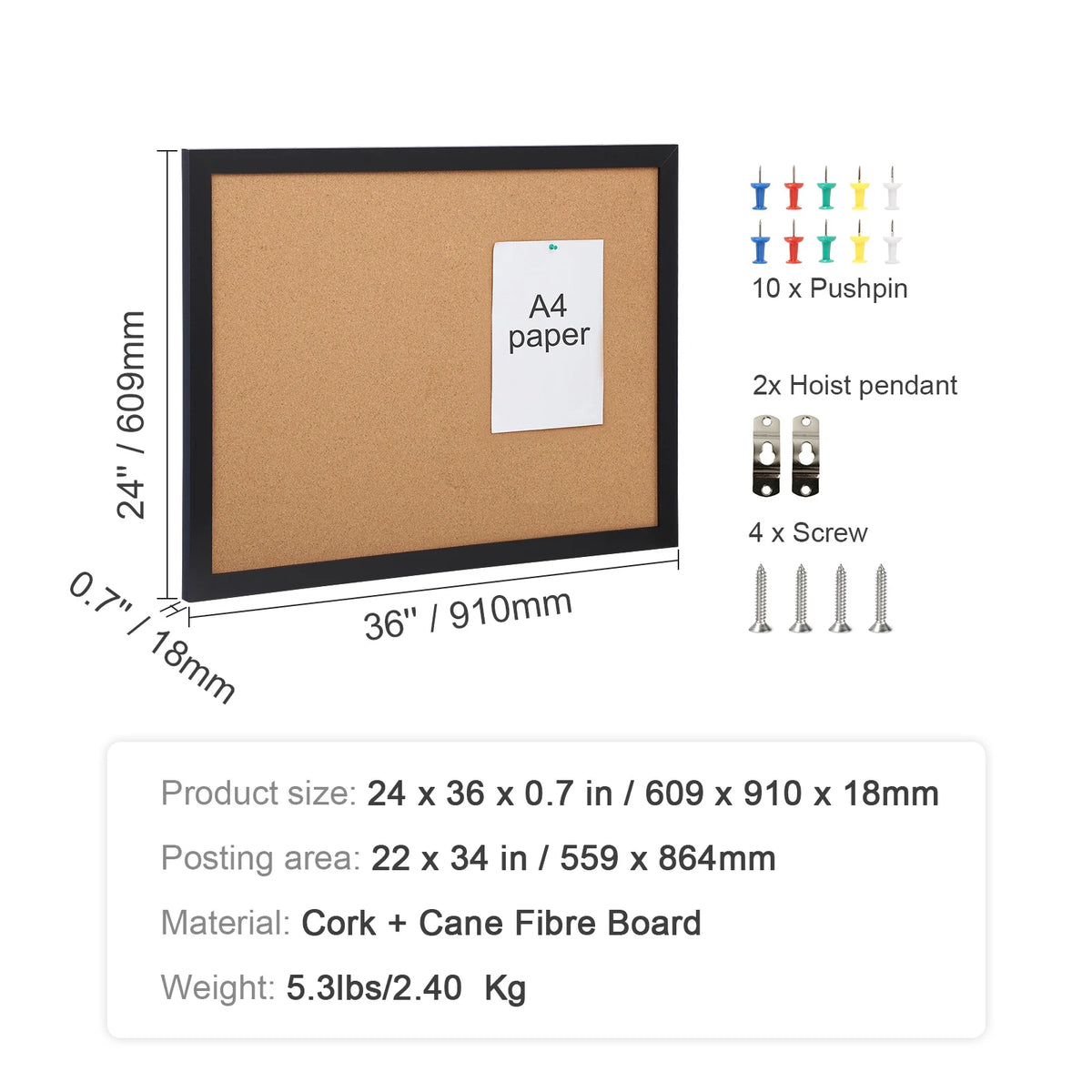 Large Cork Bulletin Board 36x24 Inch with MDF Frame and Pushpins for Office & Home