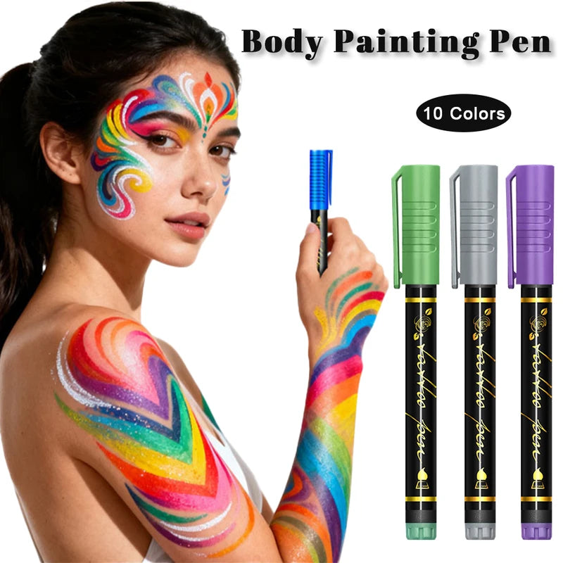 Face & Body Paint Markers Set for Creative Art and Costume Makeup - Non-Toxic, 10 Colors