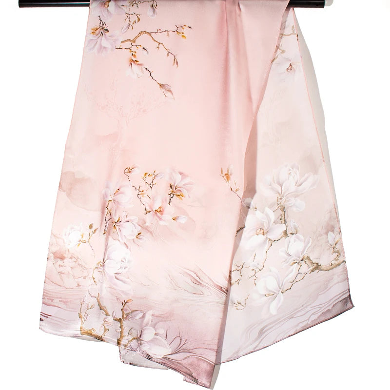 Women Silk Scarf with Floral Design - Sun Protection & Beach Wrap