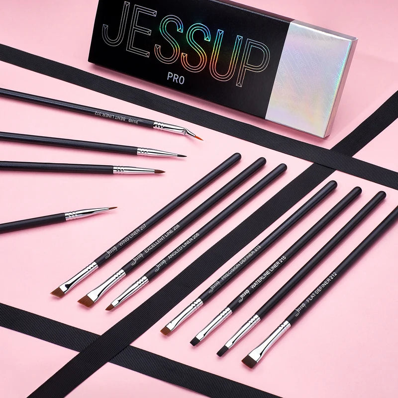 Professional Eyeliner Brush Set - 11 Pcs Fine, Angled, Flat, Waterline for Makeup Artists