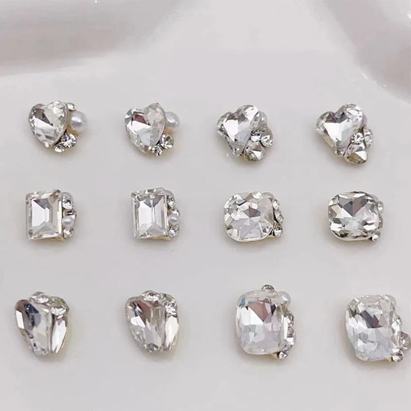 6 Grids Crystal Nail Art Rhinestones Set - Heart & Square Glass Gems for DIY Nails