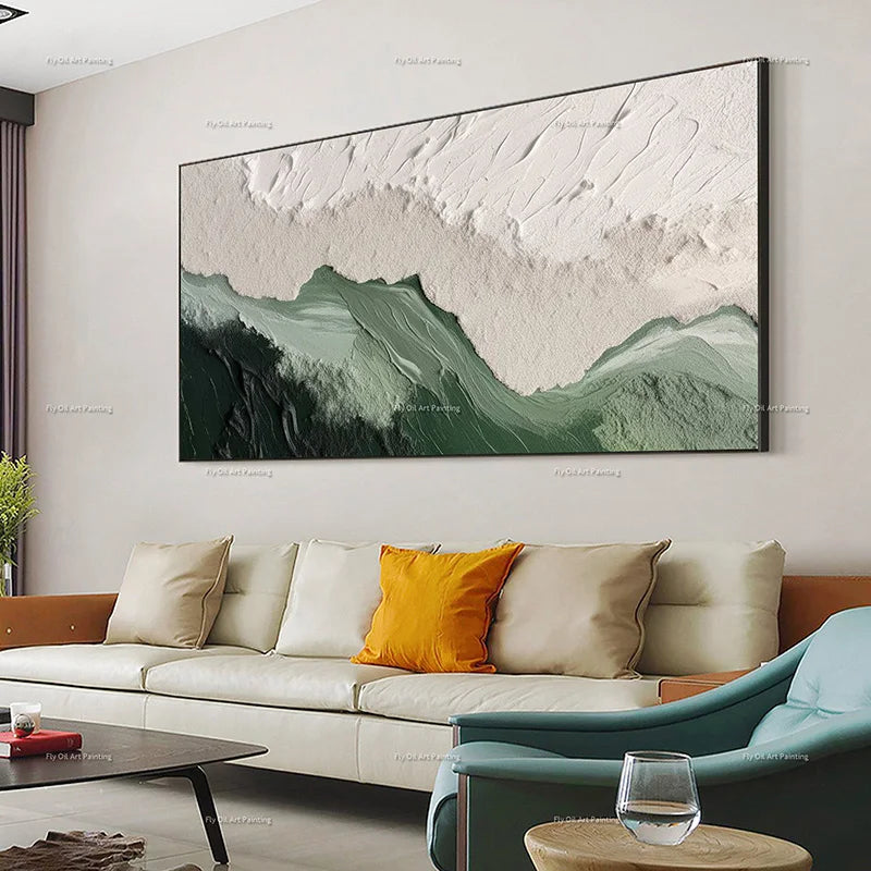 Large Handpainted Green and Beige Oil Painting Wall Art for Room Decor