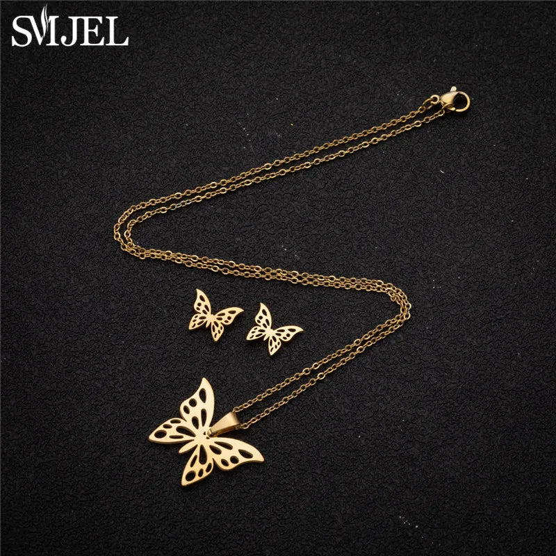 Korea Style Stainless Steel Jewelry Sets with Butterfly & Bee Pendants for Women Summer Beach Wedding Gift