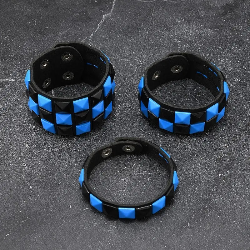 Leather Wristband Set with Square Rivets - Punk Gothic Adjustable Bracelets for Men Women