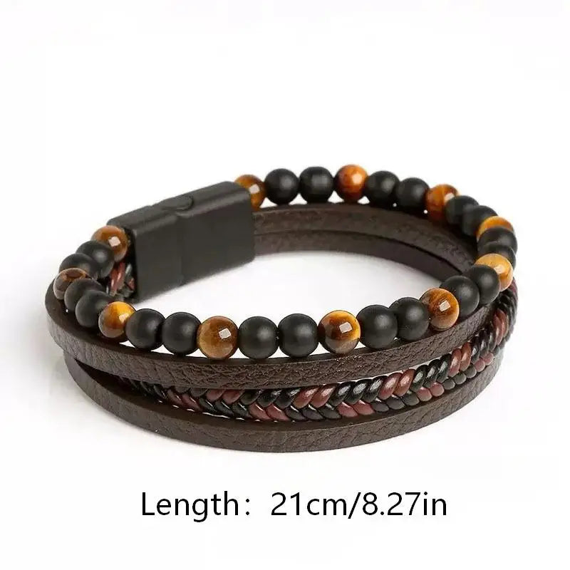 Men Leather Multi-Layer Beaded Bracelet with Tiger Eye - Fashion Jewelry Gift