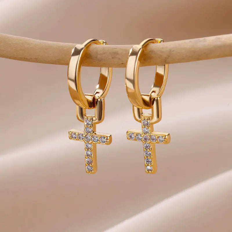 Gold Color Zircon Cross Drop Earrings for Women - Luxury Stainless Steel Jewelry