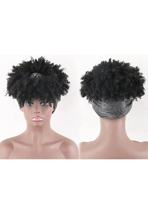 Black Women's Curly Hair Wig with Headscarf and Tassel - Short Synthetic African Style