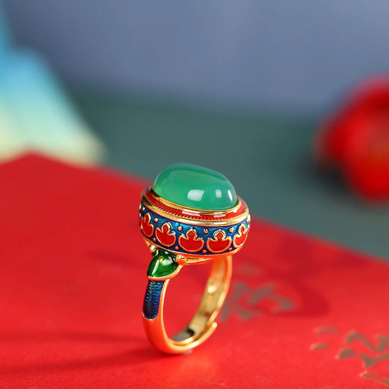 Ancient Gold Craftsmanship Carnelian Ring for Women with Flower Enamel - Light Luxury Wedding Jewelry