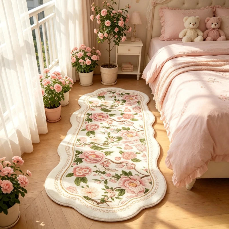 Fluffy Pink Flower Bedroom Rug - Irregular Soft Floor Mat for Living Room & Home Decor