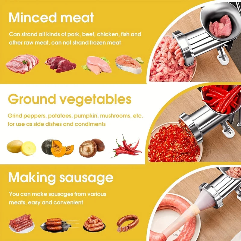 Manual Meat Grinder Stainless Steel Hand Crank Food Processor for Meat & Vegetables
