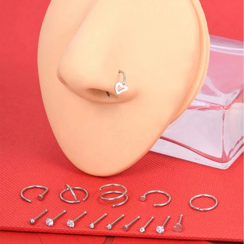 15Pcs Stainless Steel Nose Rings Studs Hoops Lip Bone Shaped Piercing Jewelry