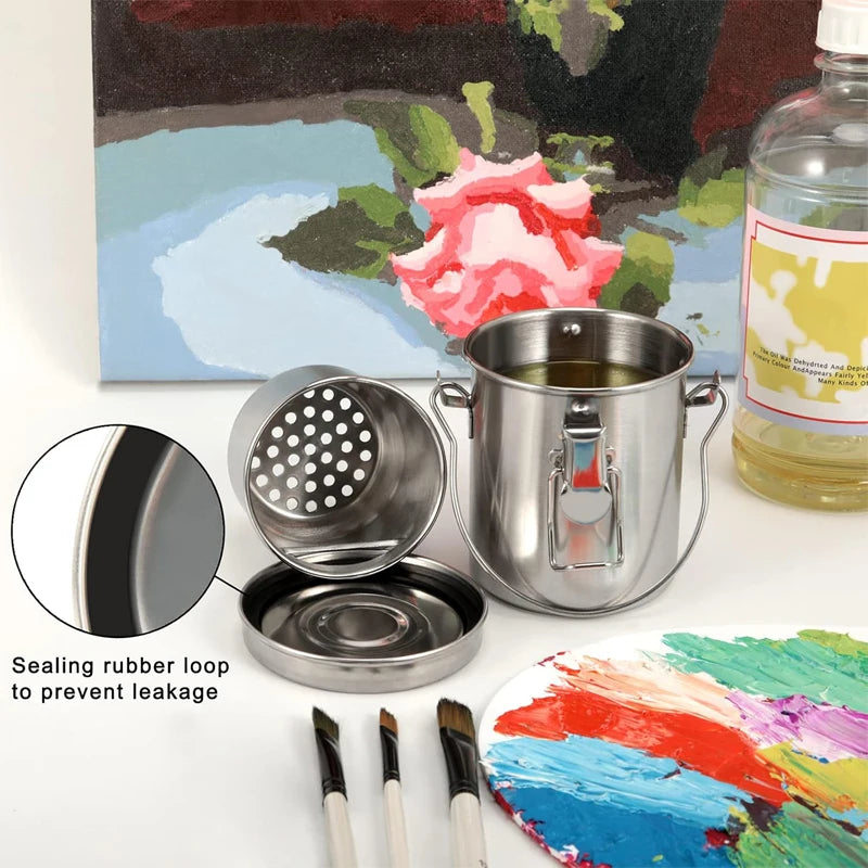 Paint Brush Washer with Wringer - Airtight Stainless Steel Cleaner for Oil & Acrylic Painting