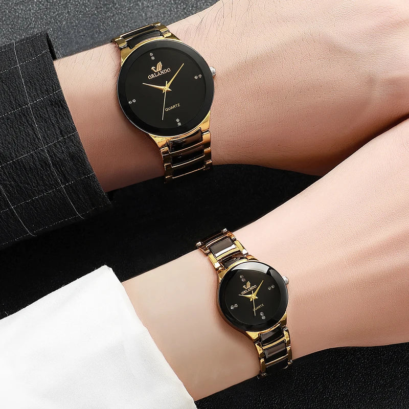 Couples Analog Quartz Watches Set Stainless Steel Band Men Women Fashion