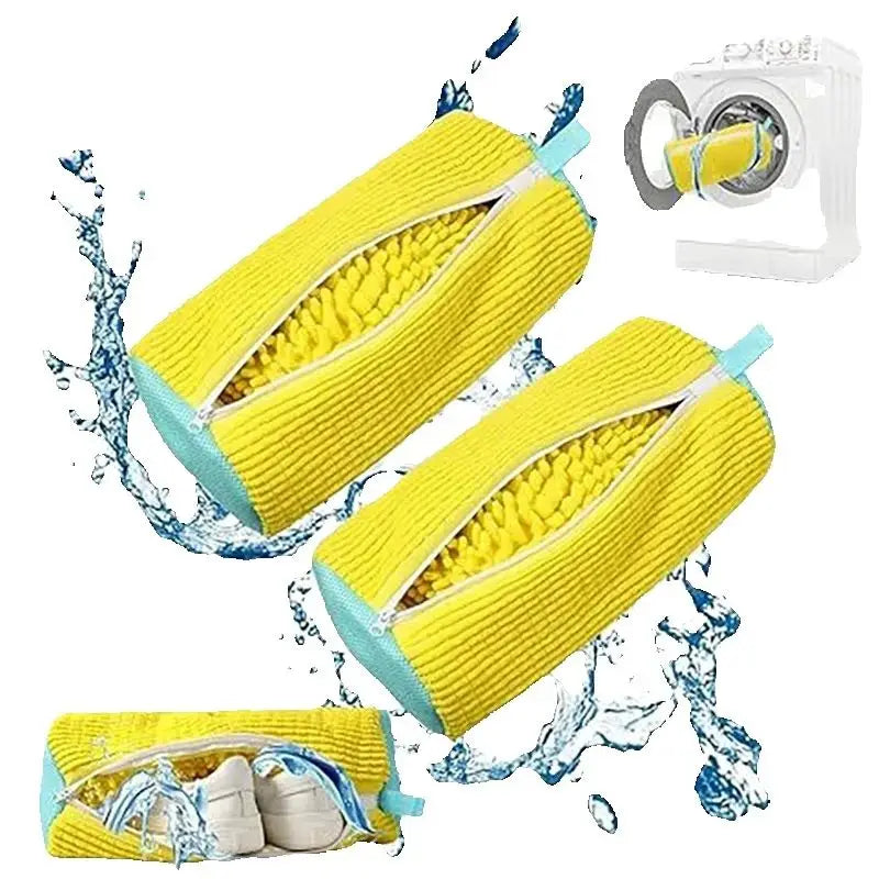 Fluffy Fiber Shoe Washing Bag with Zipper - 360° Surround Cleaning Reusable Laundry Protects Shoes