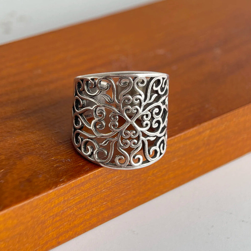925 Sterling Silver Geometric Adjustable Ring for Women - Flower Hollow Design