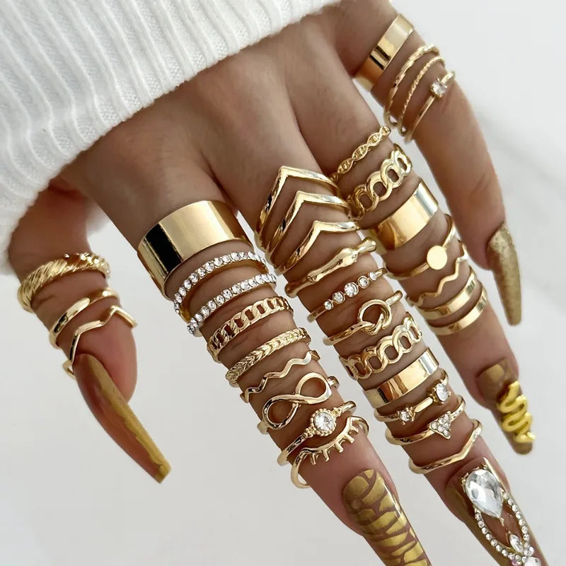Luxury Gold Geometric Zircon Pearl Ring Set for Women - Multi-piece Jewelry Collection