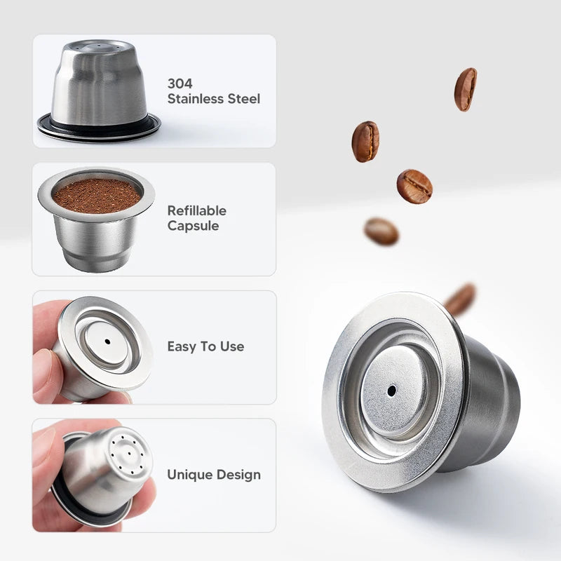 Reusable Coffee Capsules for Nespresso - Stainless Steel Espresso Pods - Upgraded Design