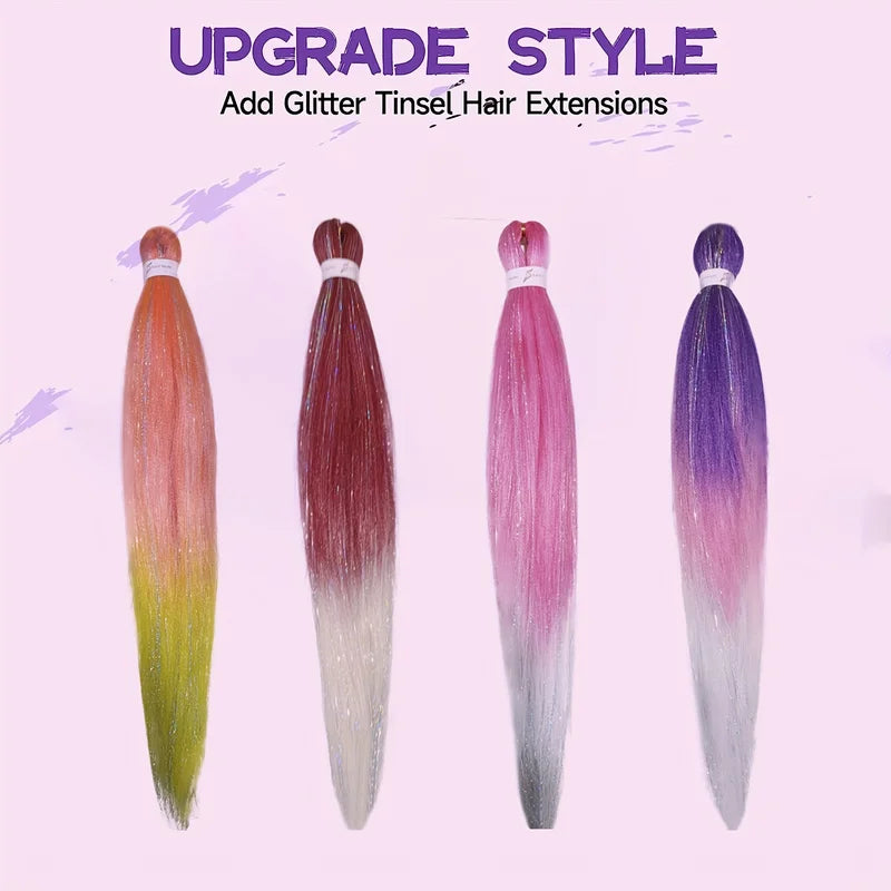 Synthetic Ombre Braiding Hair Extensions with Tinsel - 26 Inch Rainbow Colors for Women & Girls