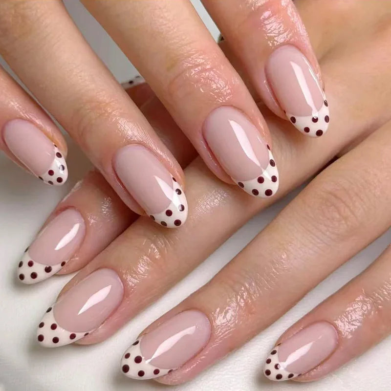 24PCS Pink Press On Nails with Polka Dot Pattern Almond Full Cover Fake Nail Set