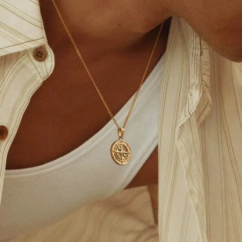 Retro Compass Pendant Necklace Men Stainless Steel Hip Hop Jewelry Gift