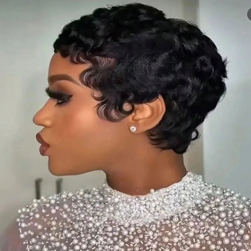 Short Pixie Wigs for Women - 6 Inch Curly Wave Human Hair, Glueless & Dense