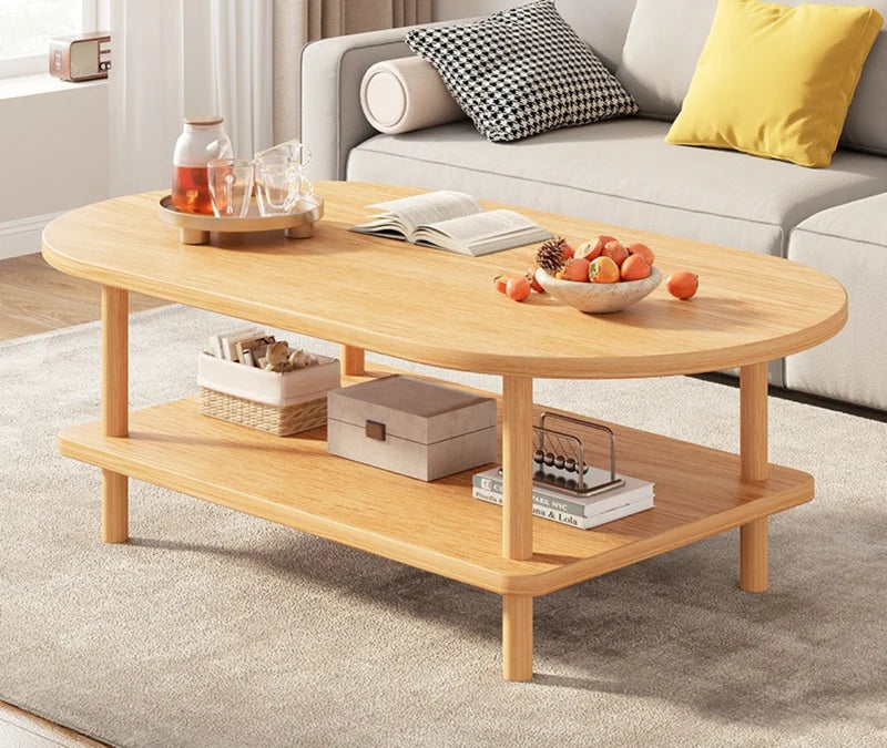 Modern Oval Coffee Table with Double-Layer Storage for Small Spaces, Child-Safe & Easy to Clean