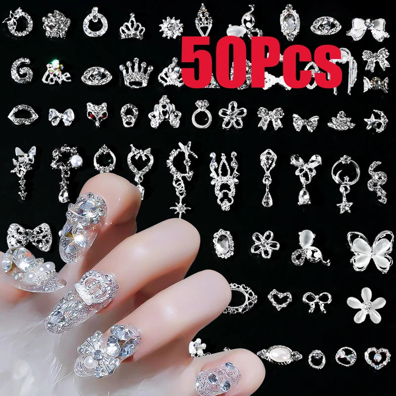 50Pcs Silver Bowknot & Crown Nail Charms with Tassels for Nail Art Decor