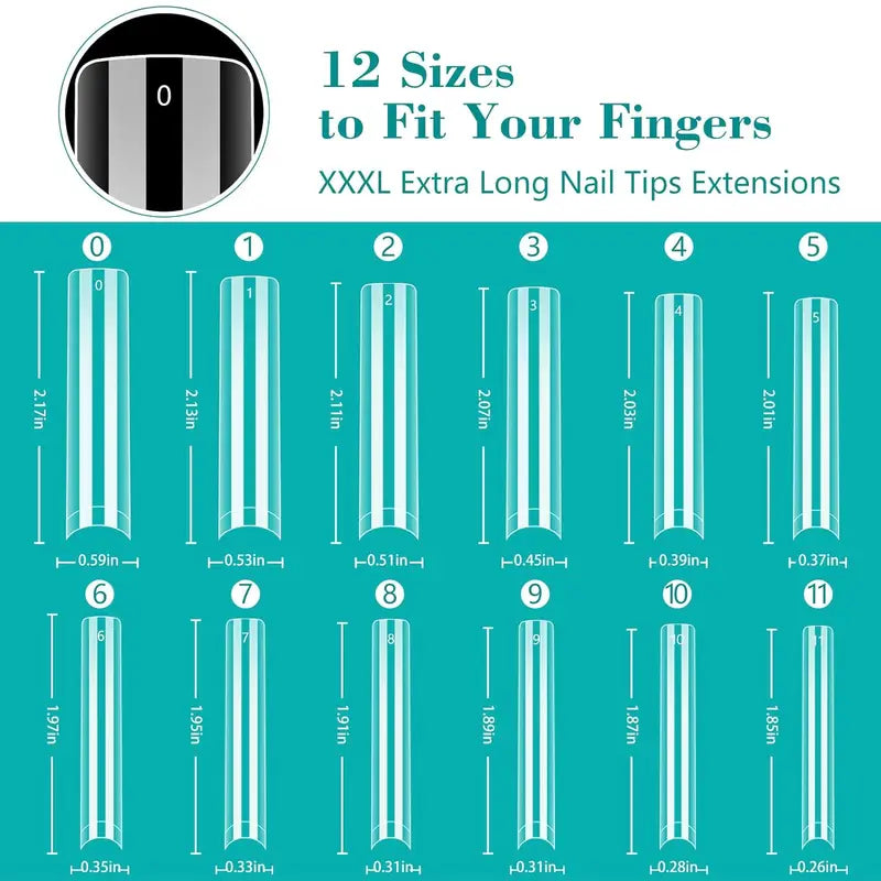 240PC Long Square Nail Tips for Acrylic Nails - Extra Long, 12 Sizes, Clear