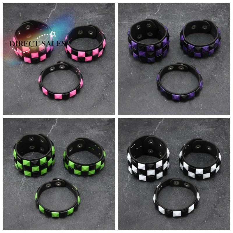 Leather Wristband Set with Square Rivets - Punk Gothic Adjustable Bracelets for Men Women