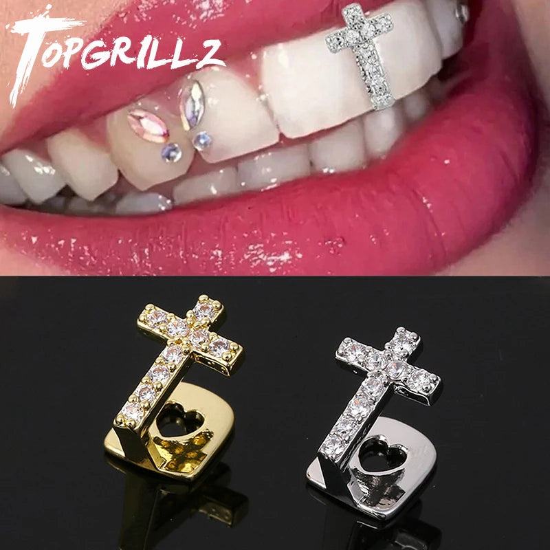 Full Zircon Cross Teeth Caps for Men Women Punk Hip Hop Shiny CZ Grillz Jewelry