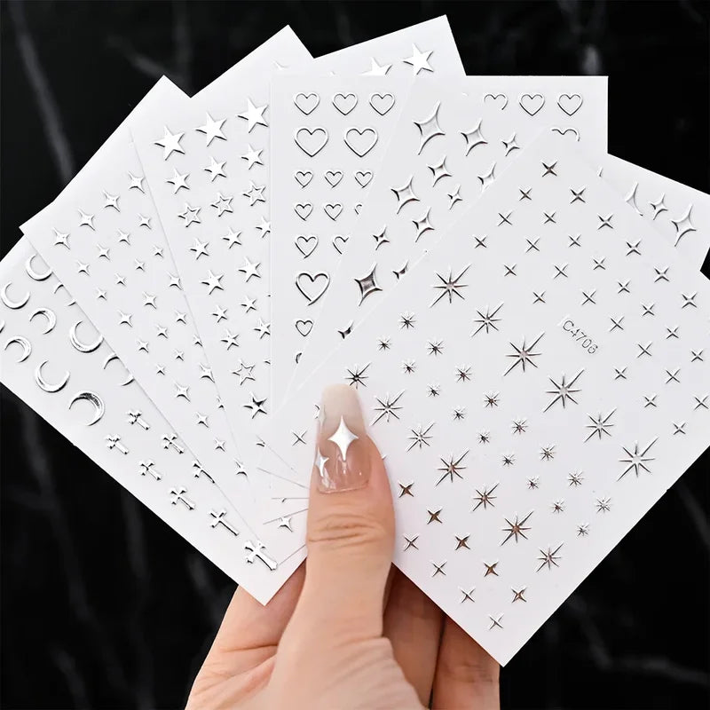 Metal Silver Nail Stickers 3D Star Heart Chain Self-Adhesive Nail Art Decals - 6 Sheets