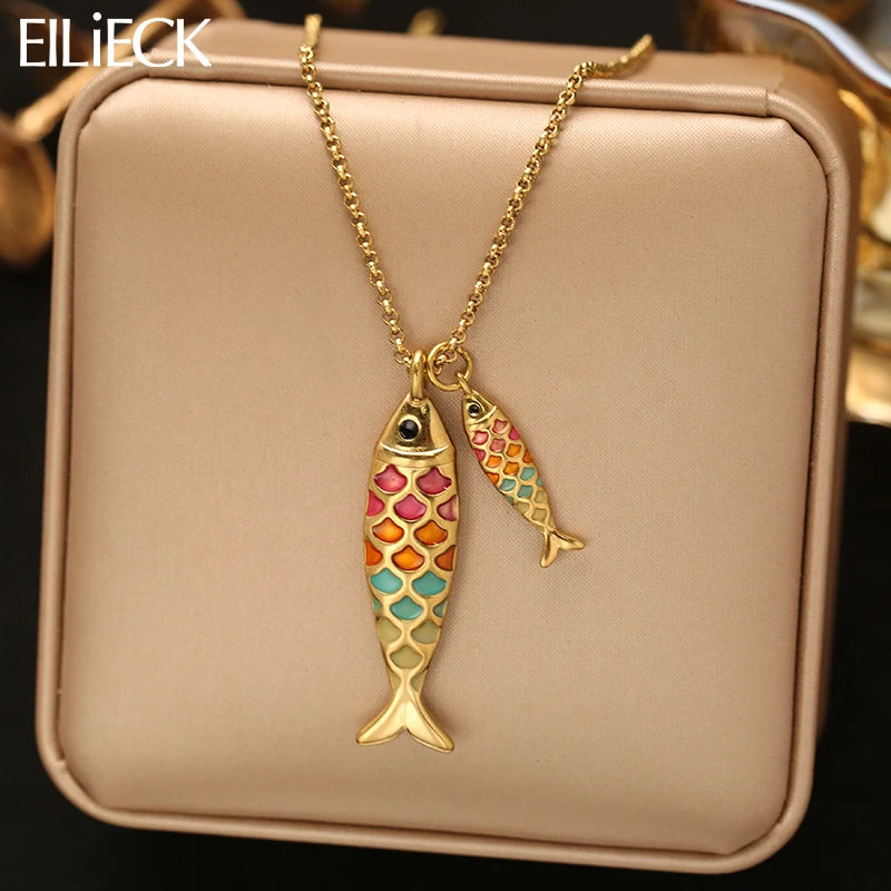 Colorful Fish Pendant Necklace - Stainless Steel Chain Jewelry Gift