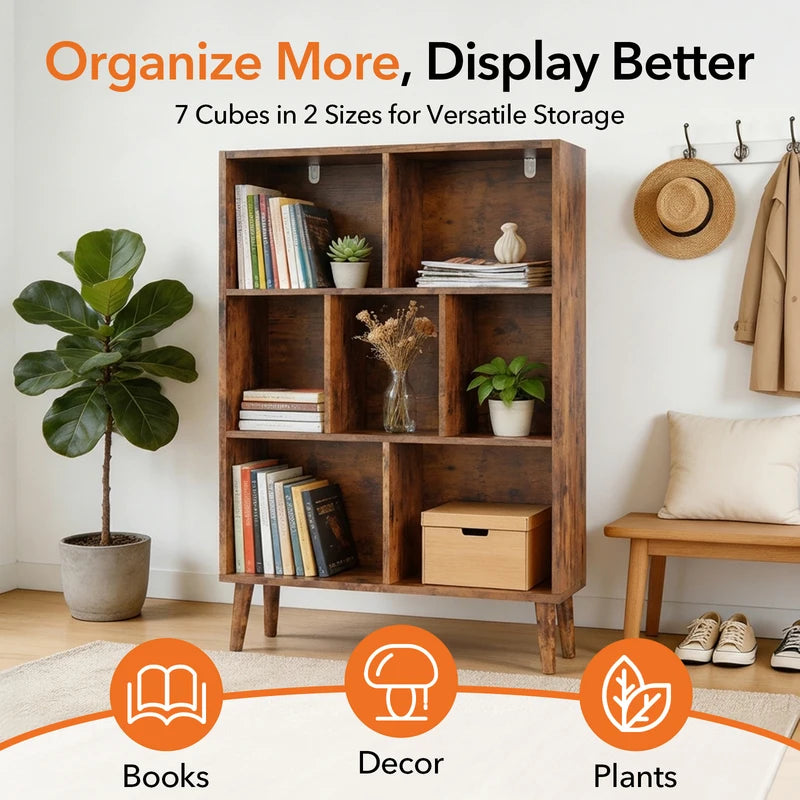 7 Cube Storage Organizer Bookshelf with Legs - Modern Wooden Display Shelf