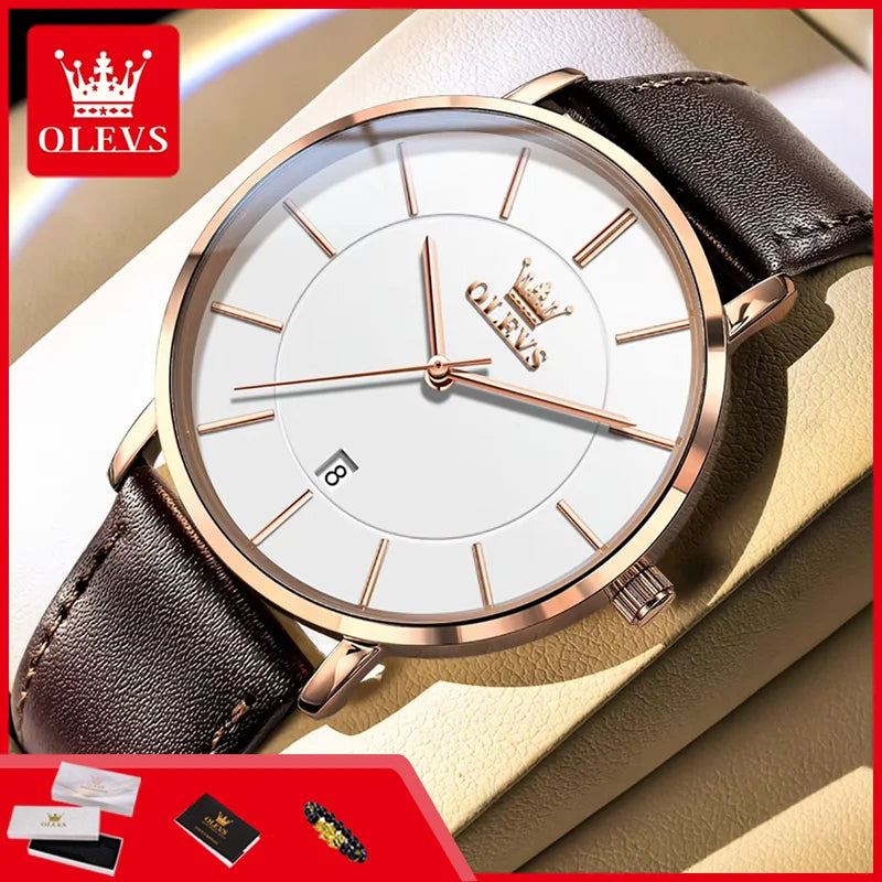 Men's Waterproof Leather Strap Watch with Auto Date - Ultra Thin Quartz