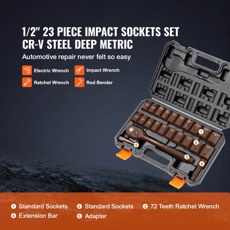 23-Piece Impact Socket Set 1/2 Inch Drive SAE & Metric Cr-V Alloy Steel