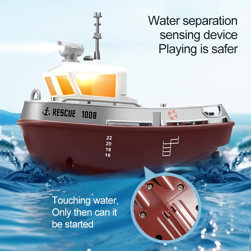 Remote Control Water Tugboat Toy with Lights - 1/32 Scale, Dual Motor, Long Range