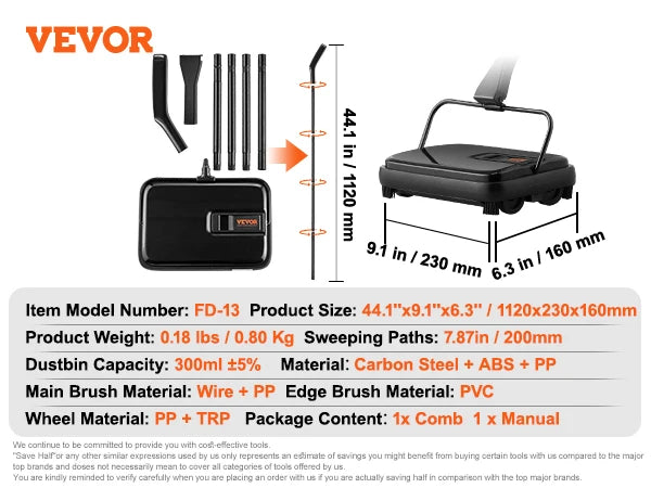 Manual Carpet Sweeper for Rugs & Hardwood Floors - 7.87in Sweeping Path, 300ml Dustbin Capacity