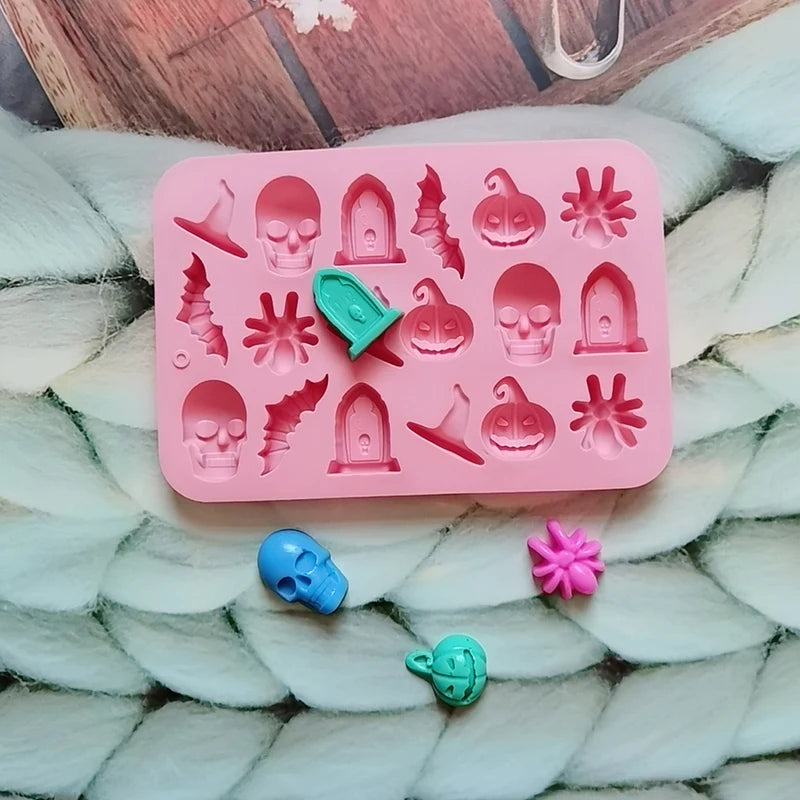 Halloween Silicone Mold with 18 Cavities for Ghost Pumpkin Bat Skull Witch Hat - Food Grade Baking Mold