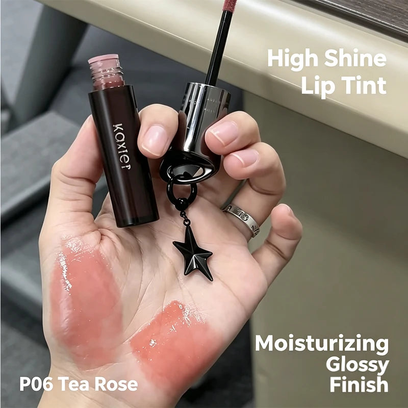 Long-Lasting Glossy Lip Glaze with Star Pendant - Hydrating, Non-Sticky Lip Gloss